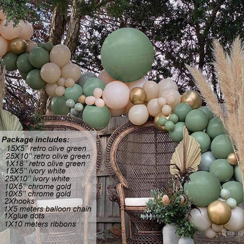 DIY Retro Olive Green Balloon Garland Arch Kit-Ivory White,Sage Green,Metallic Chrome Gold Balloons for Baby&Bridal Shower, Birthday Party, Wedding, Grad, Anniversary Party ¦