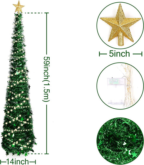 HAKACC 5 FT Christmas Tree, 2 Flash Modes Artificial Christmas Tree with 5 M LED Light for Home Holiday Party Decorations, Easy Assembly, Green