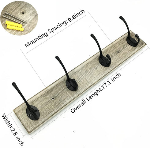 Coat Rack Wall Mounted,Flyisland Entryway Vintage Rustic Farmhouse Coat Rack Pinewood Hat Hanger Rack Zinc die-cast Hook for Entryway, Bathroom, Kitchen, Mudroom ,Bedroom (4 Dual Prong Hook, Black)