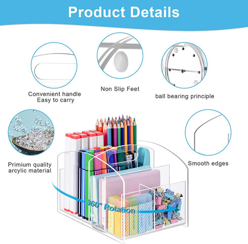 Marbrasse Acrylic Pen Holder, 360-degree Rotating Clear Pen Organizer for Desk, Desktop Stationery Organizer Caddy for Office School Home & Art Supplies (Acrylic Rectangle)