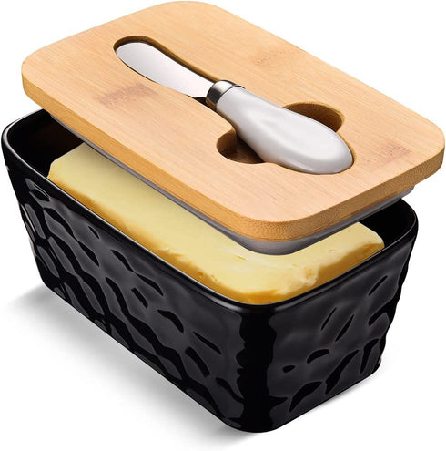 Large Butter Dish Porcelain Butter Dish with Lid and Knife for Countertop Double Silicone Seal Butter Dishes with Covers Perfect for West or East Coast Butter, Unique Stone Pattern Black