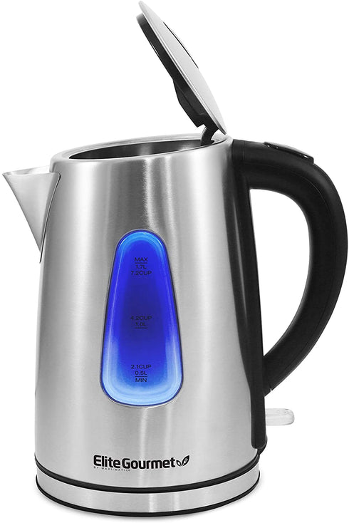 Elite Gourmet EKT-1271 Ultimate 1.7 Liter Electric Kettle Stainless Steel Design & Cordless 360° Base, Stylish Blue LED Interior, Handy Auto Shut-Off Function Quickly Boil Water For Tea & More