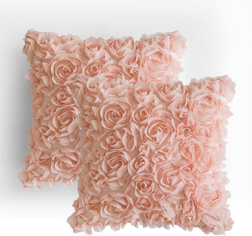 MIULEE Pack of 2 3D Decorative Spring Romantic Stereo Chiffon Rose Flower Pillow Cover Solid Square Pillowcase for Sofa Bedroom Car 18x18 Inch 45x45 cm Peach Pink Wedding