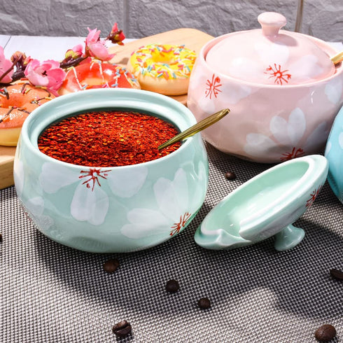 Ceramic Sugar Bowl with Lid, Ceramics Cyan Sugar Salt Pepper Storage Jar Seasoning Pot with Lid and Spoon for Home and Kitchen