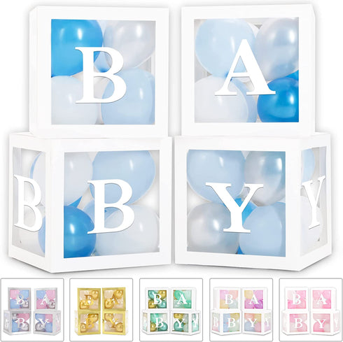 Baby Blocks for Baby Shower Party Decorations - Baby Shower Box Set of 45 pcs, 33 Blue Silver White Ballons, 4 Clear Blocks, 8 Letters - Balloon Boxes for Boys and Girls Birthday & Gender Reveal Backdrop