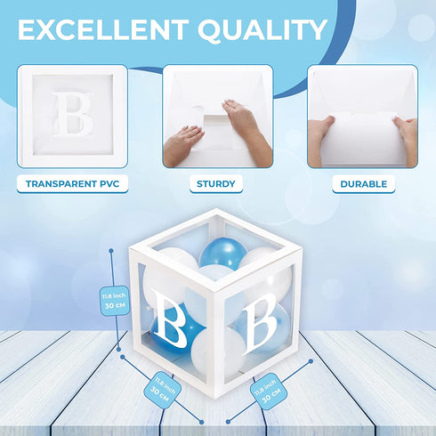 Baby Blocks for Baby Shower Party Decorations - Baby Shower Box Set of 45 pcs, 33 Blue Silver White Ballons, 4 Clear Blocks, 8 Letters - Balloon Boxes for Boys and Girls Birthday & Gender Reveal Backdrop