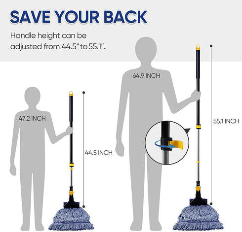 Yocada Looped-End String Wet Mop Heavy Duty Cotton Mop Commercial Industrial Grade Telescopic Iron Pole Jaw Clamp Floor Cleaning 55.1"