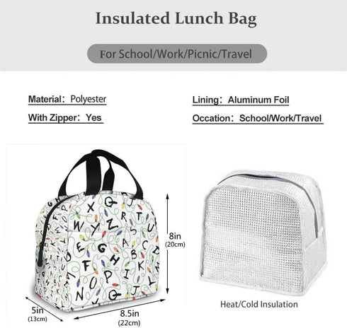 MSGUIDE Stranger Things White Insulated Lunch Bag Leakproof Cooler Lunch Box for Men Women Adult - Reusable Thermal Tote Bag for Office Work School Picnic Beach