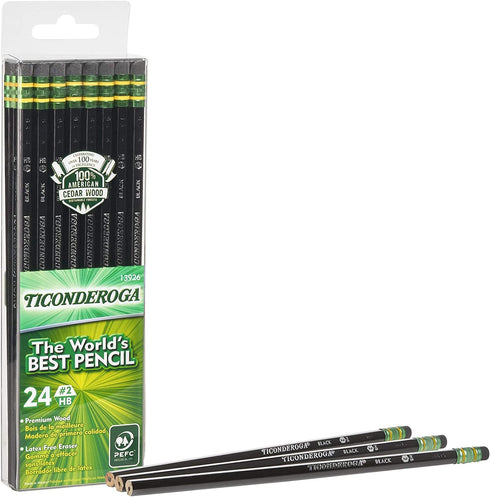 Ticonderoga Pencils, Wood-Cased, Graphite #2 HB Soft, Black, 24-Pack (13926)