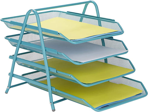 Mind Reader Desk Organizer with 4 Sliding Trays for Letters, Documents, Mail, Files, Paper, Turquoise