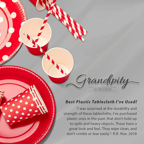 Red and Green Snow Flake Holiday Premium Disposable Plastic Picnic Tablecloth on a Roll 54 Inch. x 100 Ft. with Self Cutter Box, Decorative Table Cover by Grandipity