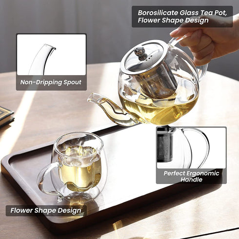 VEVOK CHEF Glass Teapot with Removable Infuser Clear Glass Tea Kettle, Blooming and Loose Leaf Tea Maker Set Stovetop Safe Borosilicate Glass Teapot Tea Brewer