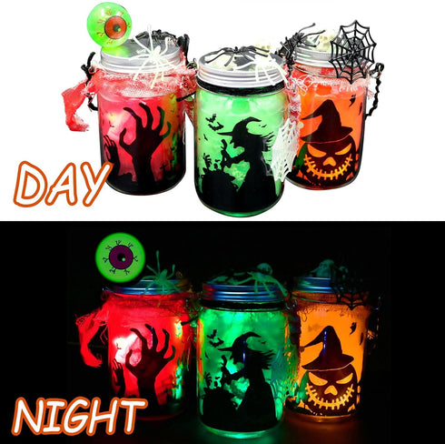 3 pcs Halloween DIY Lantern Jar Craft Kit Decor Supplies Gift, Flickering Flameless Candles(Red, Orange, Green) and Accessories(Eyeball, Spider, Finger), Indoor Outdoor Garden DIY Deco Art Project