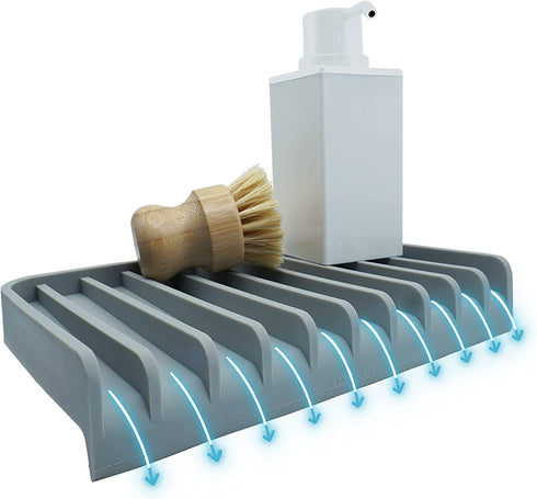EFFILOGIC Silicone Sponge Holder Tray - Self Draining Kitchen Soap Tray Unique Kitchen Sink Organizer for Dishwashing Accessories Faucet Splash Catcher for Sink - Large 9.8" x 5.8" Grey