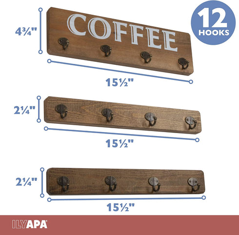 Ilyapa Rustic Wooden Coffee Mug Rack, Wall Mounted Mug Holder for Cups - 12 Hook Brown Wooden Display Rack for Kitchen Storage and Mug Collection