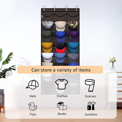 IREENUO Hat Rack for Baseball Caps, Cap Organizer for Door and Wall with 24 Clear Deep Pockets, Hat Holder for Storage and Display Baseball Caps, 4 Door & Wall Hooks Included, Dark Gray