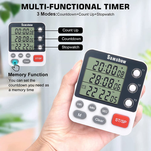 Digital Kitchen Timer 3 Channels Triple Timer Daul Timers Cooking Timer Magnetic Stopwatch Timer for Classroom Countdown Clock for Kid Large LCD Display Adjustable Volume Loud Alarm(Battery Included)