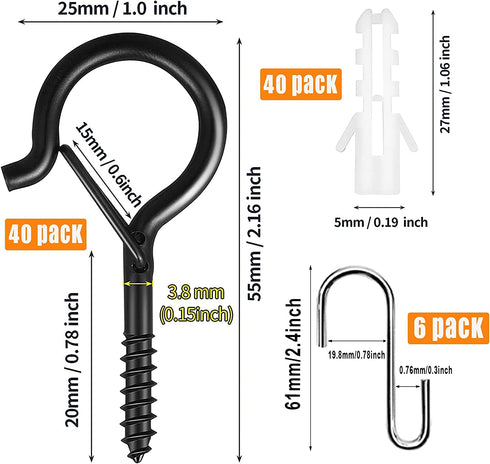 40 Pack Q-Hanger Hooks for Outdoor String Lights,String Light Hooks Cup Hooks Eye Hooks with Safety Buckle,Screw Ceiling Hooks for Hanging Plants Wire Wind Chimes Party,Black.