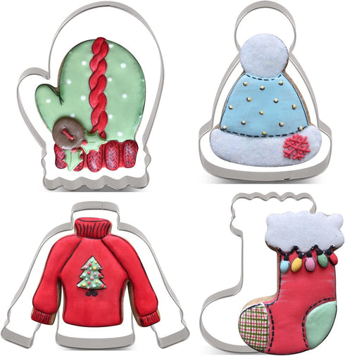 LILIAO Winter Holiday Christmas Cookie Cutter Set - 4 Piece - Ugly Sweater, Stocking, Hat and Mitten Fondant Biscuit Cutters - Stainless Steel