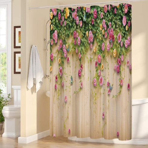 HOOHAA Romantic Flower with Butterfly on Rustic Wooden Background Pink Flower Weeping Shower Curtain for Bathroom Decor 72 x 72 Inch