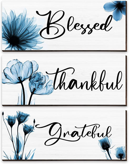 3 Pieces Thankful Grateful Blessed Wood Sign Wall Decor Positive Word Wooden Wall Plaque with Flower Thanksgiving Quote Hanging Wall Sign Rustic Farmhouse Thankful Wall Art for Living Room (Blue)