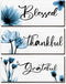 3 Pieces Thankful Grateful Blessed Wood Sign Wall Decor Positive Word Wooden Wall Plaque with Flower Thanksgiving Quote Hanging Wall Sign Rustic Farmhouse Thankful Wall Art for Living Room (Blue)