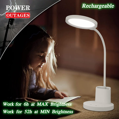 Battery Operated Desk Lamp LED Rechargeable White Desk Lamps Dimmable, Golspark Touch Control 360°Flexible Dorm Reading Lamp for Students-3 Color Modes with Pen Holder Phone Stand