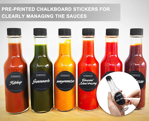 GMISUN Mini Hot Sauce Bottles 5 oz - 24 Pack Woozy Bottles with Black Caps, Shrink Capsules, Dripper Inserts, Funnel and Labels, Small Glass Bottle Dispenser for Homemade Hot Sauces, Dressings, Juice