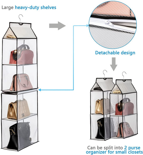 ANSTROUT Closet Purse Organizer, Hanging Handbag Purse Organizer for Closet with 4 Heavy-Duty Mesh Shelves Purse Storage Bag(White-1Pack)