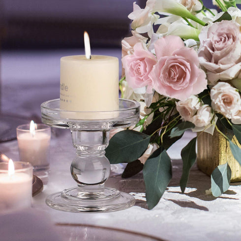 Yeeco Glass Candle Holder, 3.5" Tall Pillar Candle Holder, Candle Stand Set of 2, Crystal Candle Holders for Wedding, Dining, Birthday