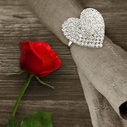 mw Decor: Napkin Rings Set of 12 for Dinner Party - Weddings - Holidays - Christmas - Silver Sparkle with a Clear Rhinestone Decoration (Silver Heart)