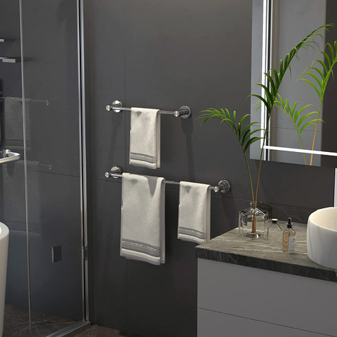 Adjustable 16 to 27.6 Inch Single Towel Bar, iMomwee Chrome Finished SUS304 Stainless Steel Bath Towel Holder, Wall Mounted Towel Rail for Bathroom Kitchen Washroom, 1" Diameter Towel Rod with Hooks