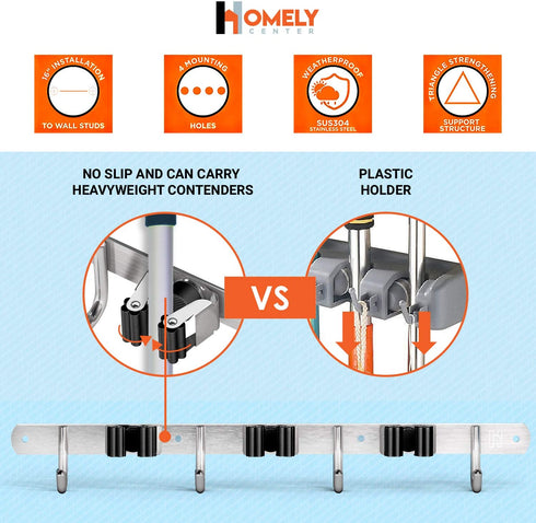 Mop and Broom Holder Wall Mount Heavy Duty - Metal Broom and Mop Holder Wall Mount - Broom Organizer Wall Mount for Kitchen Closet Garage Garden Tool - 3 Broom Hanger Positions with 4 Broom Rack Hooks