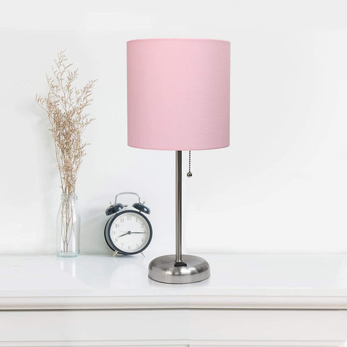 Limelights LT2024-LPK Stick Charging Outlet Table Lamp, Brushed Steel Base/Light Pink Shade