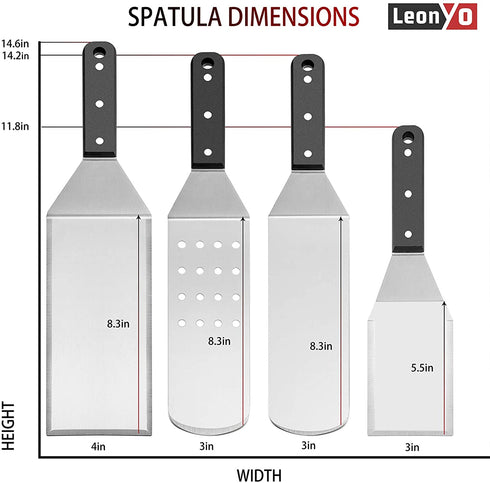 Metal Spatula Set of 8, Leonyo Stainless Steel Griddle Turner Scraper for Flat Top Grill Teppanyaki Cast Iron BBQ Cooking Pancake, Heavy Duty & Dishwasher Safe, Attach 4 Hanging Hooks, Great Men Gift