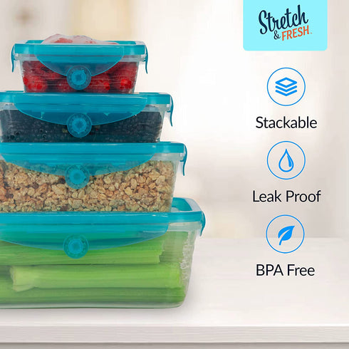 STRETCH and FRESH by Emson Silicone Food Storage Containers Airtight Lids for Solid Food and Leak-Proof for Soups and Sauces, Freezer-Safe BPA-Free Stackable Meal Prep Container As Seen On TV (12)