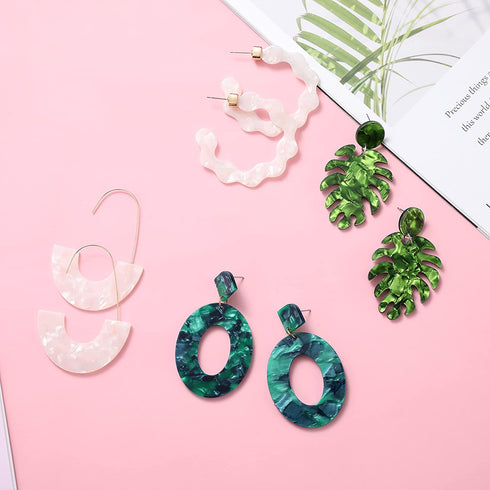 LANTAI 16 Pairs Behemian Acrylic Earrings Rattan Earrings Resin Earrings for Women Girls Leaf Dangle Earrings Mottled Hoop Earrings Gifts Jewelry