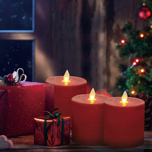 Kitch Aroma D 3.15" H 3.15" Set of 3 Red Flameless Candles Flickering Candles Burgundy Red Color Decorative Battery Flameless Candle Classic Real Wax Pillar with Dancing LED Flame with Remote Control