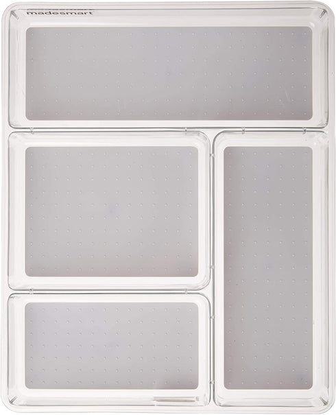 madesmart Clear Gadget Tray - Light Grey | CLEAR CLASSIC COLLECTION | 4-Compartments | 16" x 13" | Drawer Organizer for Multi-purpose Storage | Soft-grip Lining and Non-slip Rubber Feet | BPA-Free