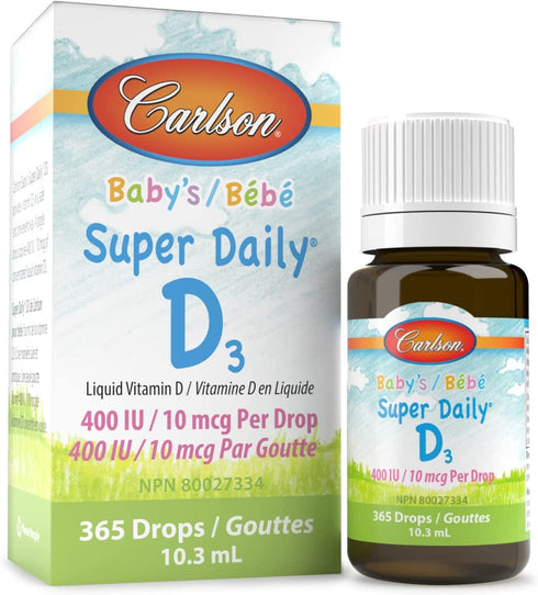 Carlson - Baby's Super Daily D3, Baby Vitamin D Drops, 400 IU (10 mcg) per Drop, 1-Year Supply, Vegetarian, Liquid Vitamin D Drops for Infants and Toddlers, Unflavored, 365 Drops