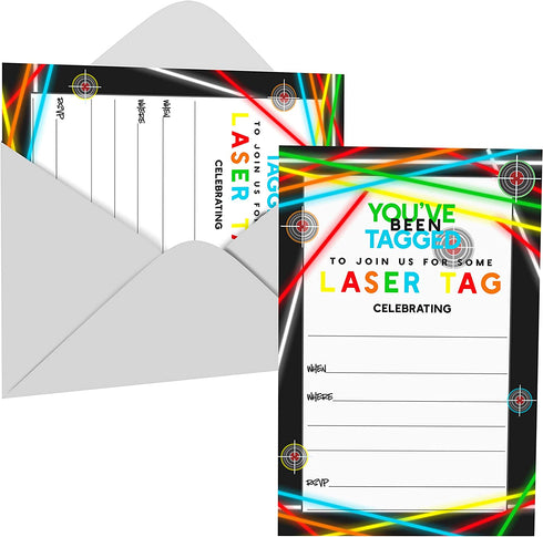 Laser Tag Invitations with Envelopes (25 Pack) Invites for Boys Birthday, Retirement, Guys Night Out, Team Building Event - Neon Theme Party Supplies Blank Invitation Card Set Printed
