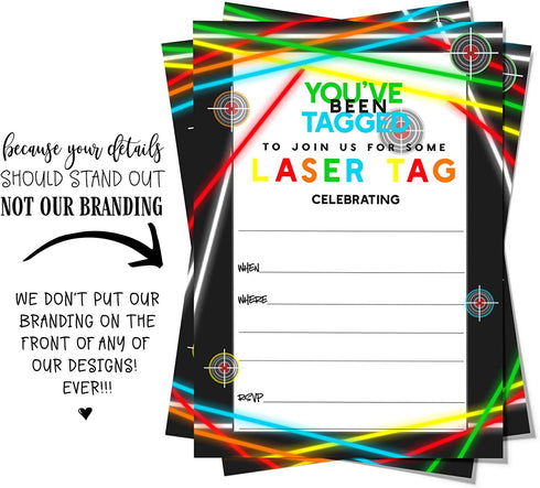 Laser Tag Invitations with Envelopes (25 Pack) Invites for Boys Birthday, Retirement, Guys Night Out, Team Building Event - Neon Theme Party Supplies Blank Invitation Card Set Printed