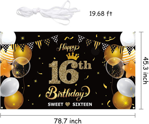 WATINC Happy 16th Birthday Backdrop Banner Sweet Sixteen Background Banners 78" x 45" Extra Large Backdrops Balloons Black Gold Party Decorations Supplies