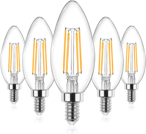 Ascher E12 Candelabra LED Light Bulbs 60 Watt Equivalent, 550 Lumen, Warm White 2700K, Clear LED Filament Candle Bulbs, Non-Dimmable, Pack of 5