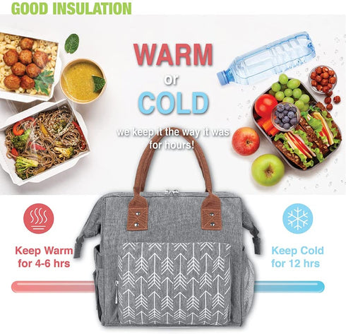 Insulated Lunch Bag for Women/Men, Large Lightweight Tote in Water-Resist Fabric , Big Side Snack Organizer, for Work & Outdoor Picnic, Easy to Clean(Grey)