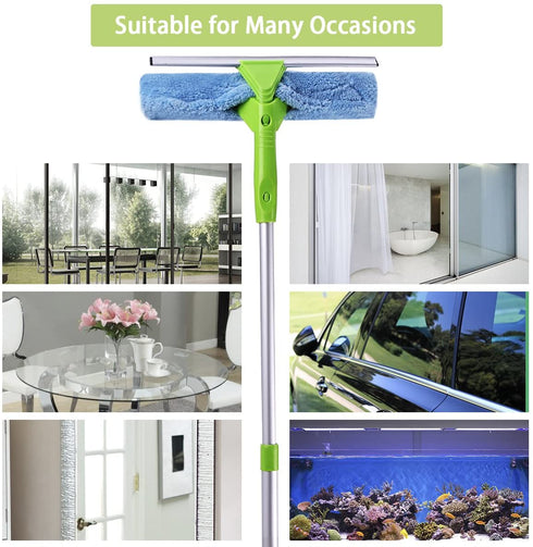 Window Squeegee Cleaner Scrubber 3 in 1 Professional Detachable Cleaning Kit Microfiber Brush and Rubber Scraper with Extension Pole for Glass Auto Mirrors