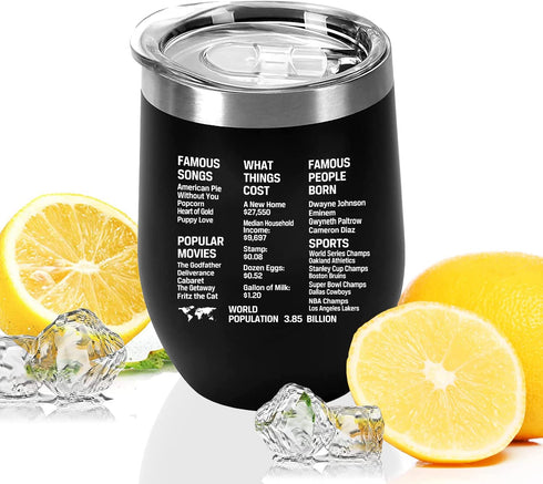 50th Birthday Gifts for Women and Men - 1972 50th Birthday Decorations - 12 Oz Insulated Stainless Steel Wine Tumbler with Lid for Her Wife Mom Grandma Aunt Friend, Black