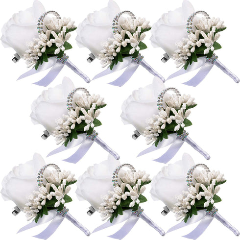 Men Wedding Boutonniere Wedding Flowers Buttonholes Accessories Groom Groomsman Prom Party Suit Decoration (8, White 7)