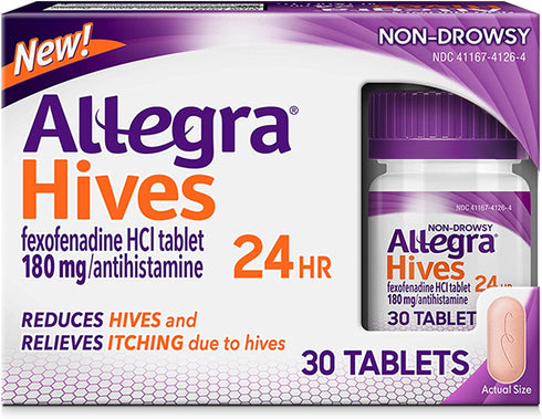 Allegra Hives Non-Drowsy Antihistamine Tablets, 30-Count, 24HR Hives Reduction & Itch Relief, 180mg