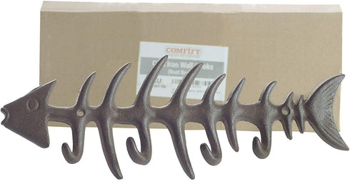 Decorative Fish Bones Wall Mounted Towel Rack by Comfify - Stylish Cast Iron Hanger with 4 œFish Bones? Hooks for Towels, Robes and More - Includes Screws and Anchors - in Brown